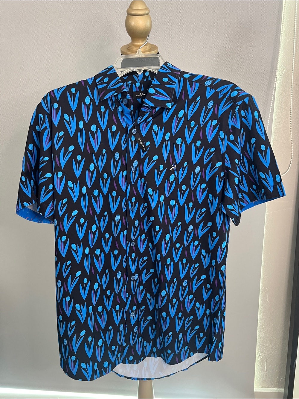 Men's Short Sleeve Blue Patterned Button-Up Shirt